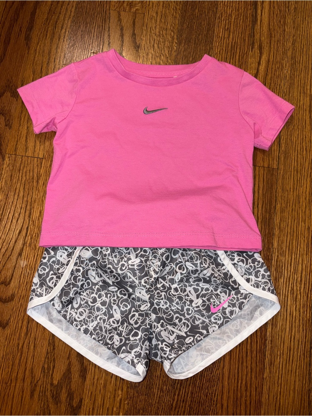 Nike Pink Short Sleeve Tee with Gray Patterned Shorts 3T